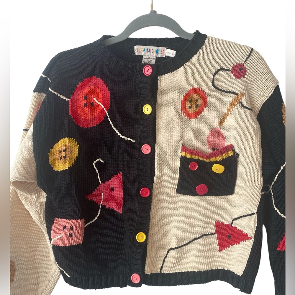 Vintage ,Lisa Nichols ,Novelty Print, Mercerized Cotton, Cardigan ,Vibrant Color - Picture 2 of 14